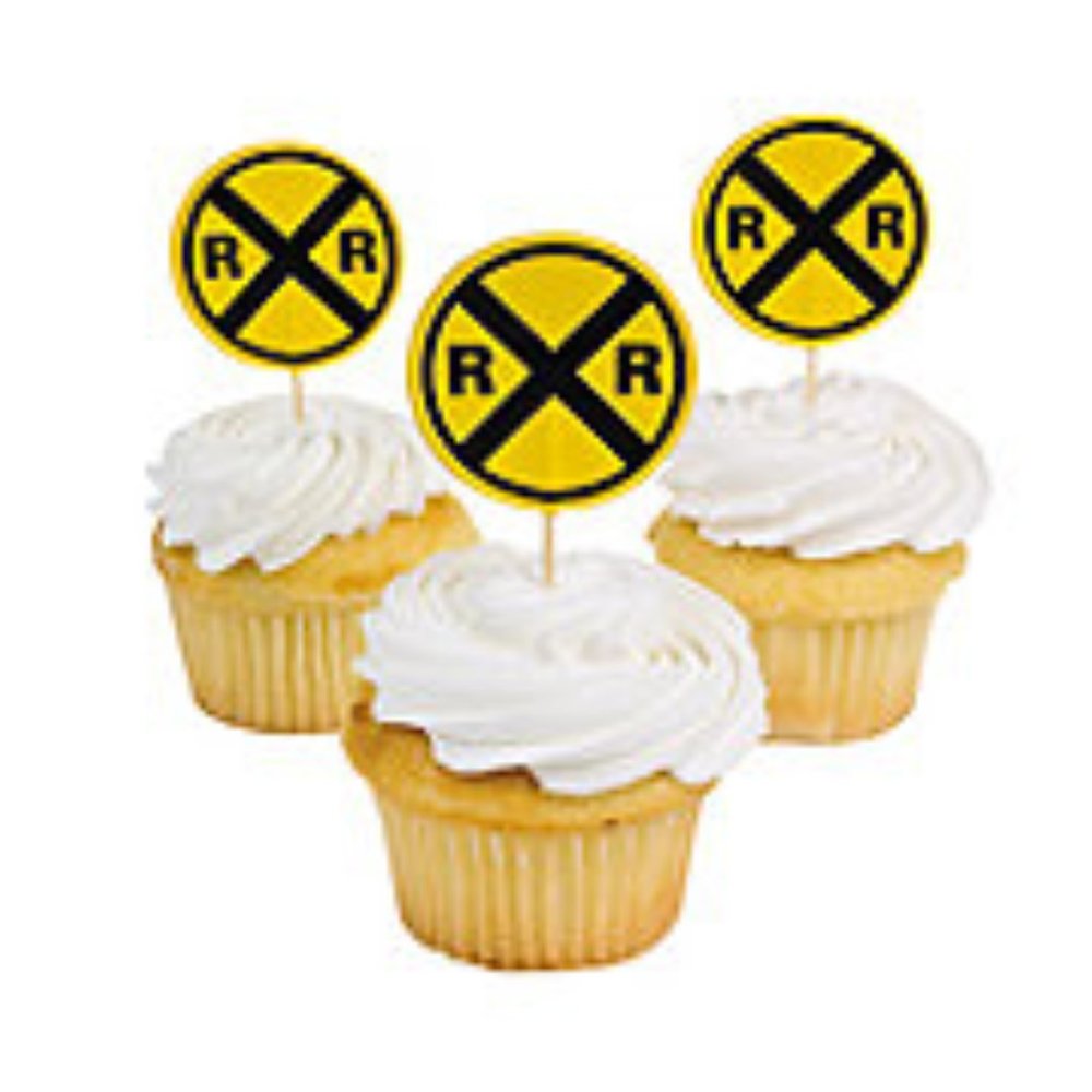 Railroad crossing Traffic Sign Train Cupcake Picks Toppers - Set of 25